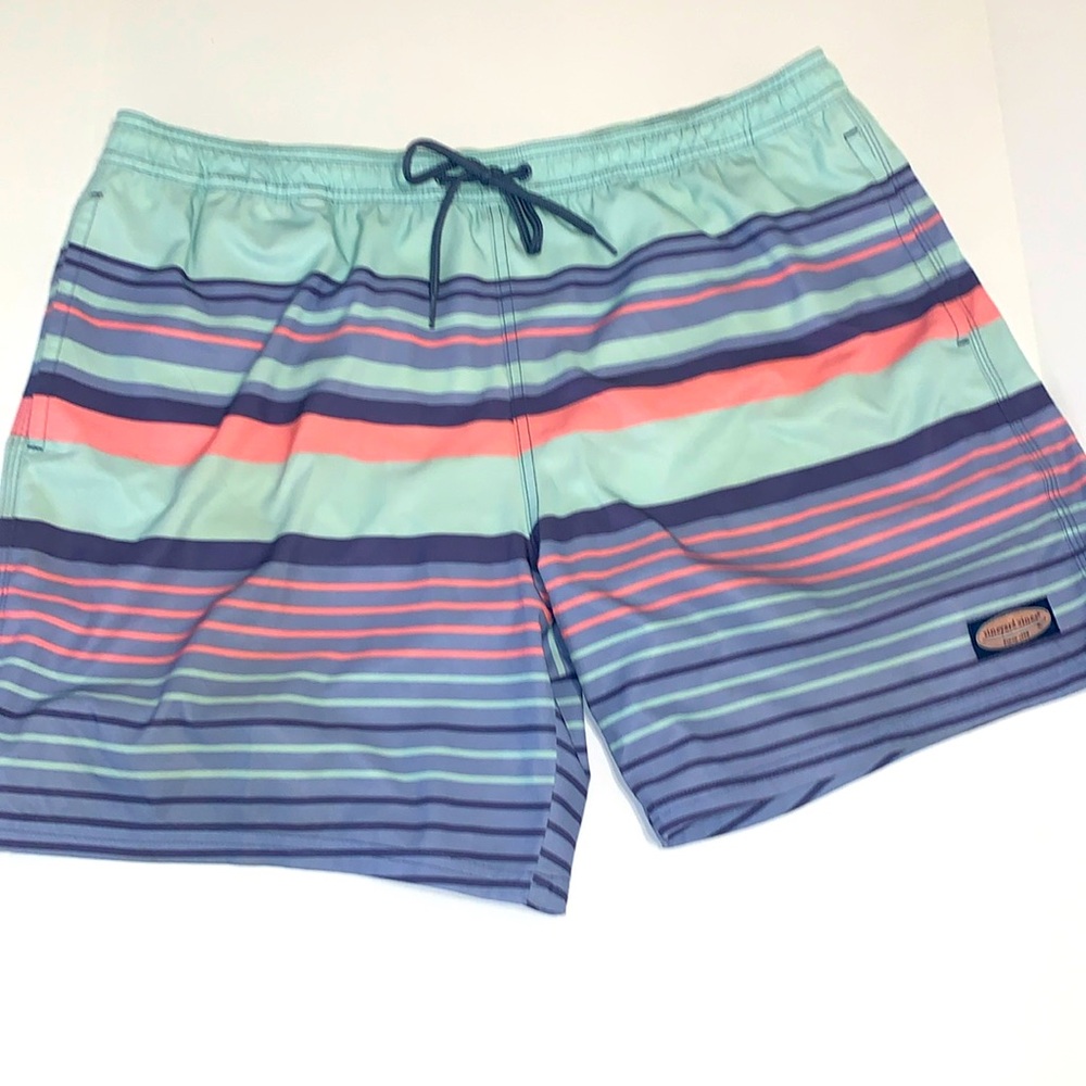 Vineyard Vines Men's Chappy Striped Swim Trunks Mesh Lined Blue Pink XL
